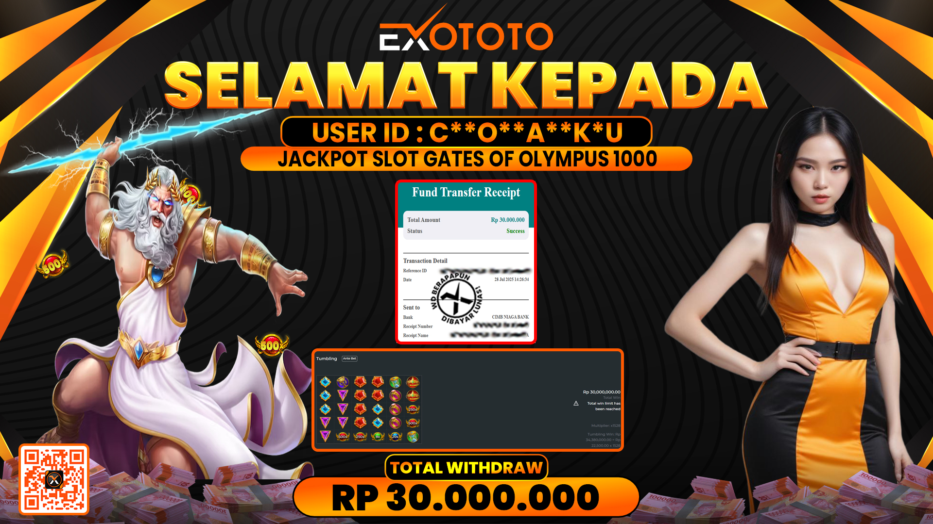 EXOTOTO JACKPOT DI SLOT GATES OF OLYMPUS 1000 RP. 30.000.000,- LUNAS