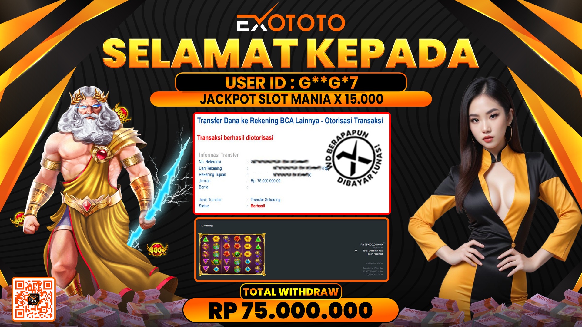 EXOTOTO JACKPOT DI SLOT MANIA X15.000 RP. 75.000.000,- LUNAS