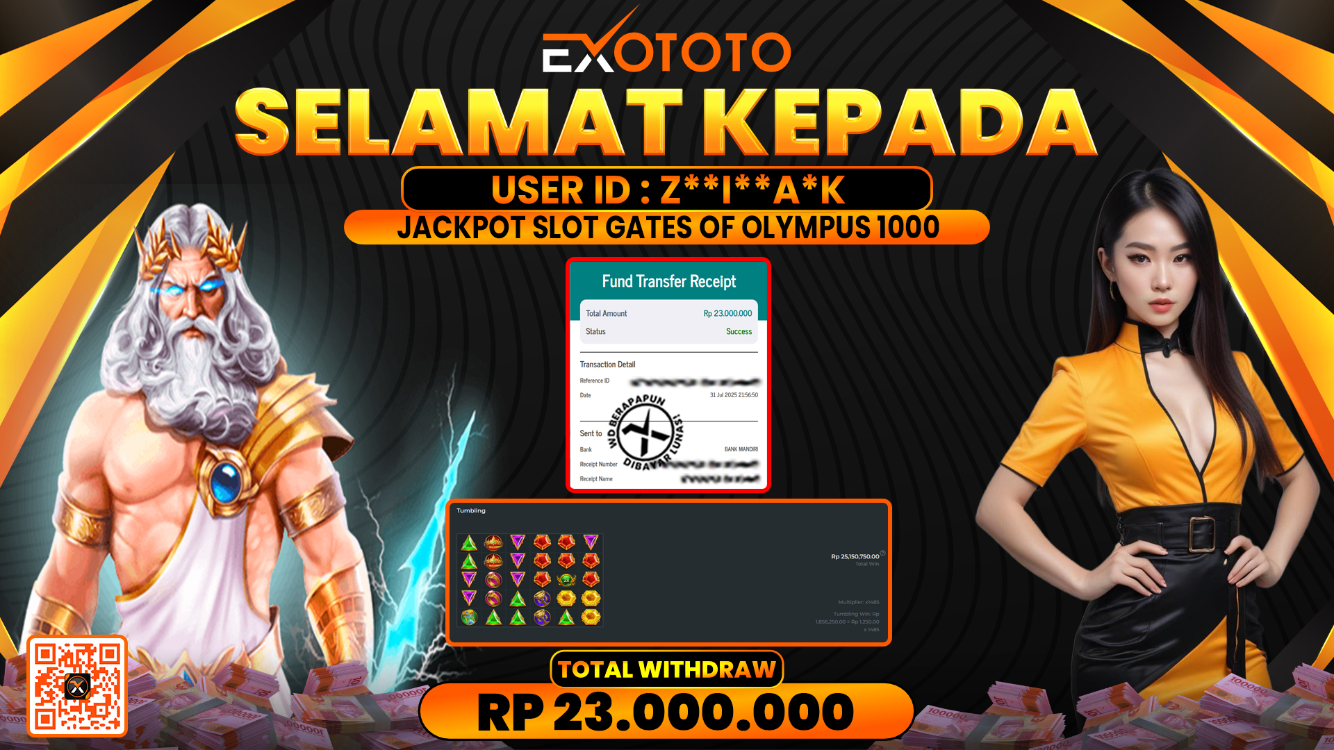 EXOTOTO JACKPOT DI SLOT GATES OF OLYMPUS 1000 RP. 23.000.000,- LUNAS