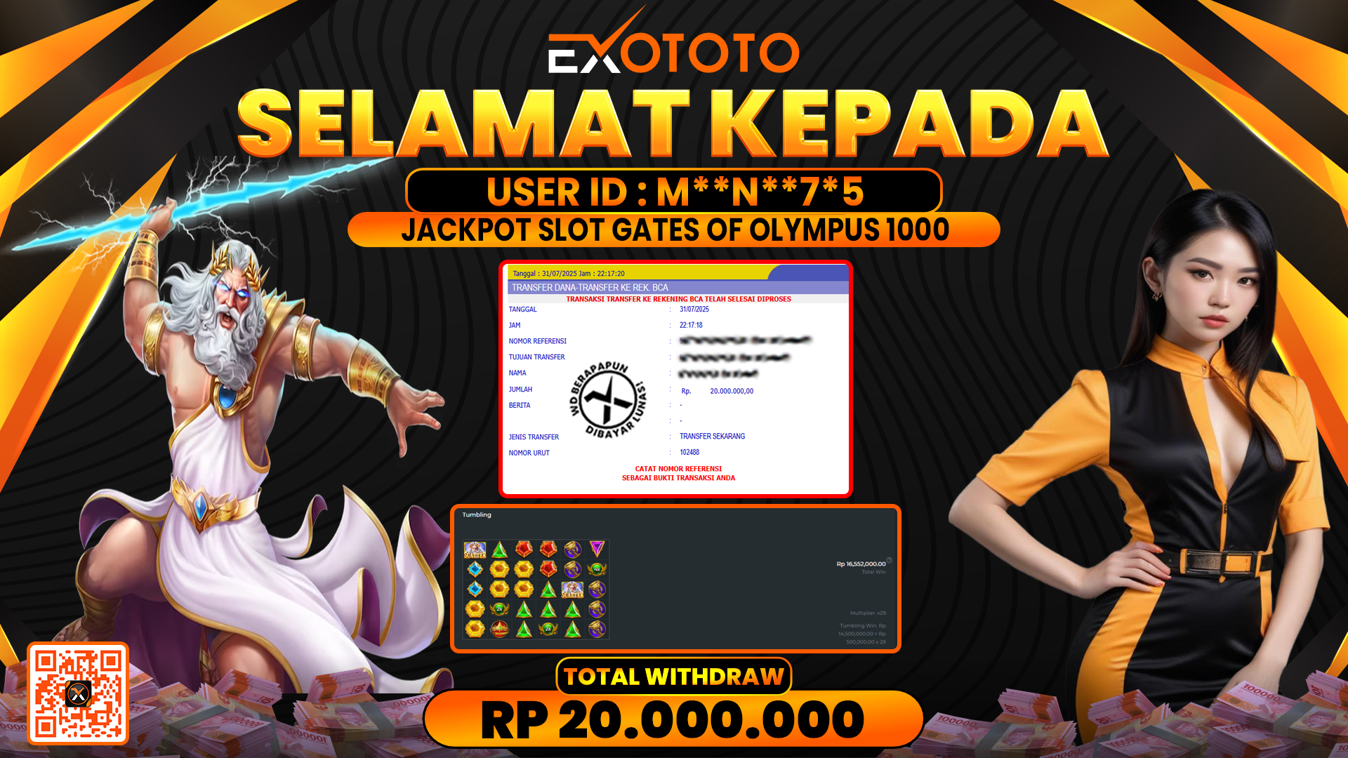 EXOTOTO JACKPOT DI SLOT GATES OF OLYMPUS 1000 RP. 20.000.000,- LUNAS