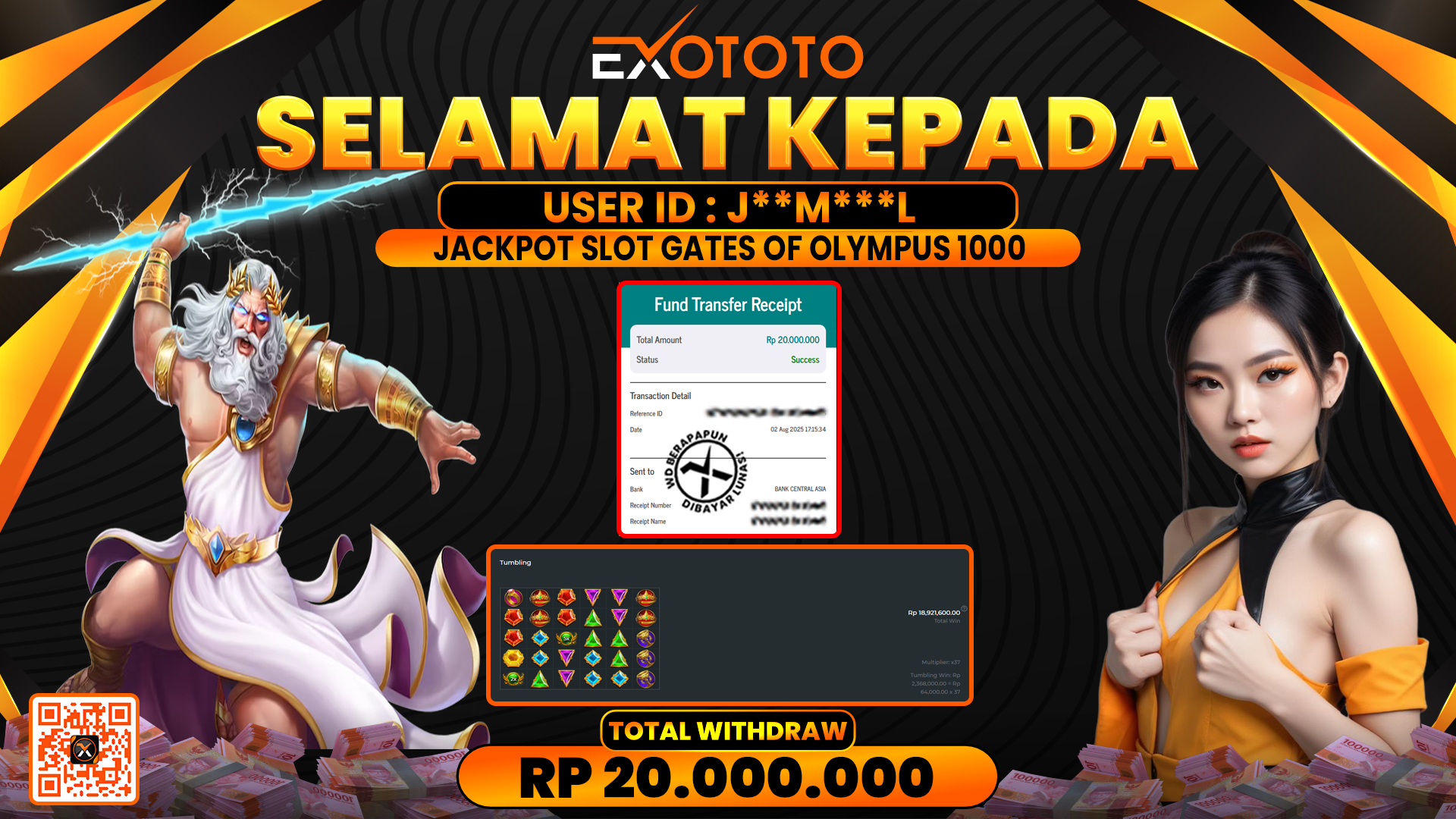 EXOTOTO JACKPOT DI SLOT GATES OF OLYMPUS 1000 RP. 20.000.000,- LUNAS