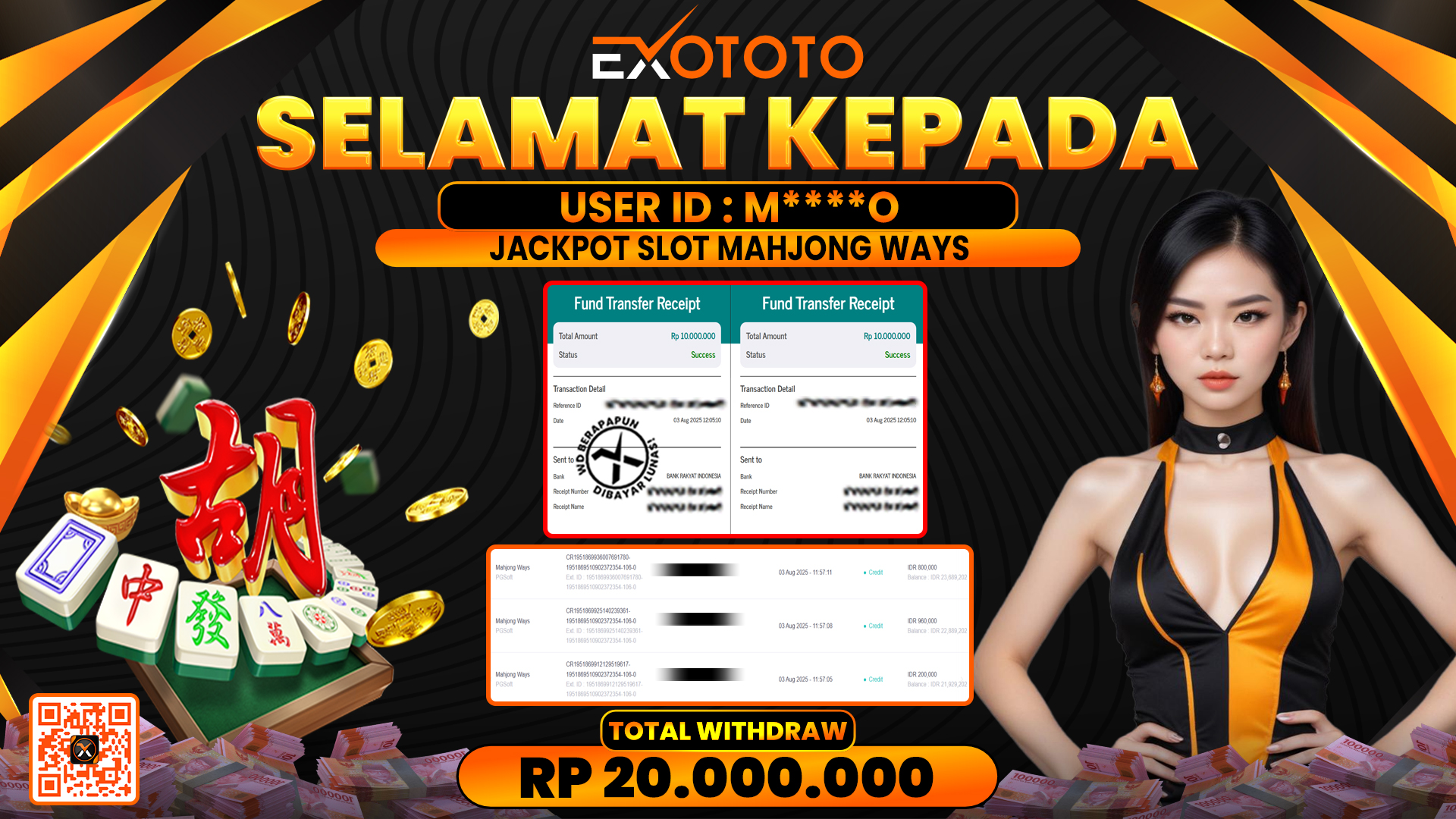 EXOTOTO JACKPOT DI SLOT MAHJONG WAYS RP. 20.000.000,- LUNAS
