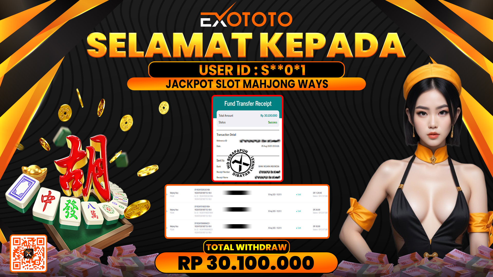 EXOTOTO JACKPOT DI SLOT MAHJONG WAYS RP. 30.100.000,- LUNAS