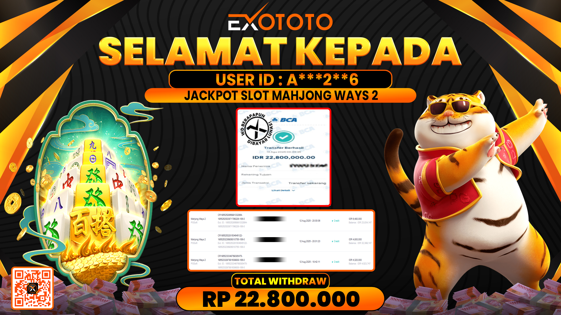 EXOTOTO JACKPOT DI SLOT MAHJONG WAYS 2 RP. 22.800.000,- LUNAS