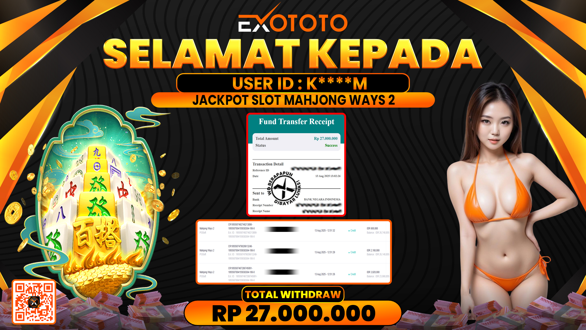 EXOTOTO JACKPOT DI SLOT MAHJONG WAYS 2 RP. 27.000.000,- LUNAS