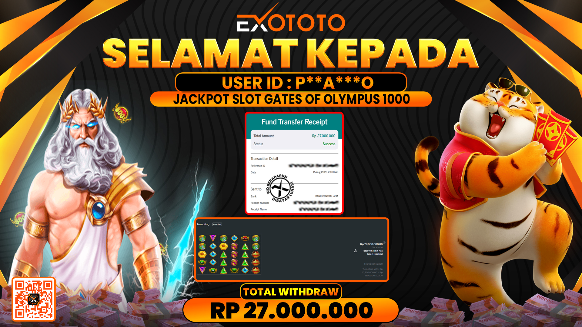EXOTOTO JACKPOT DI SLOT GATES OF OLYMPUS 1000 RP. 27.000.000,- LUNAS