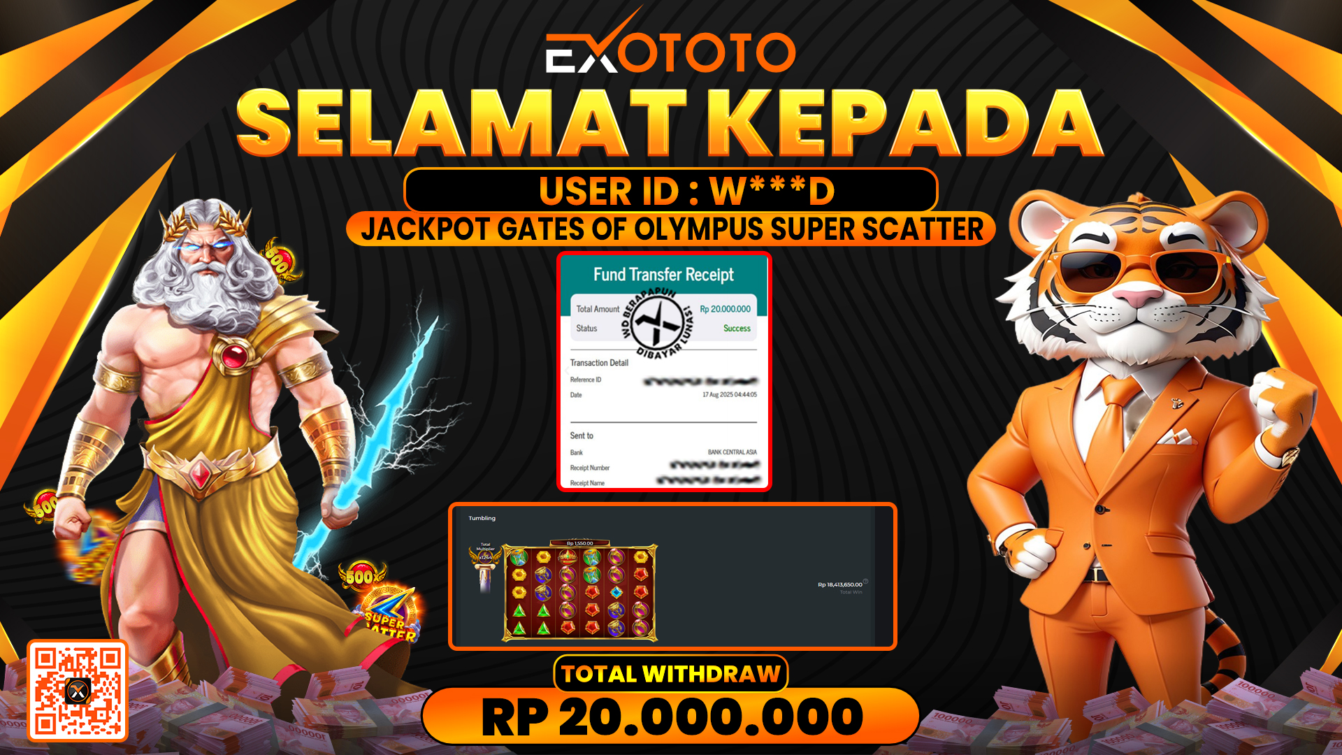 EXOTOTO JACKPOT DI SLOT GATES OF OLYMPUS SUPER SCATTER RP. 20.000.000,- LUNAS