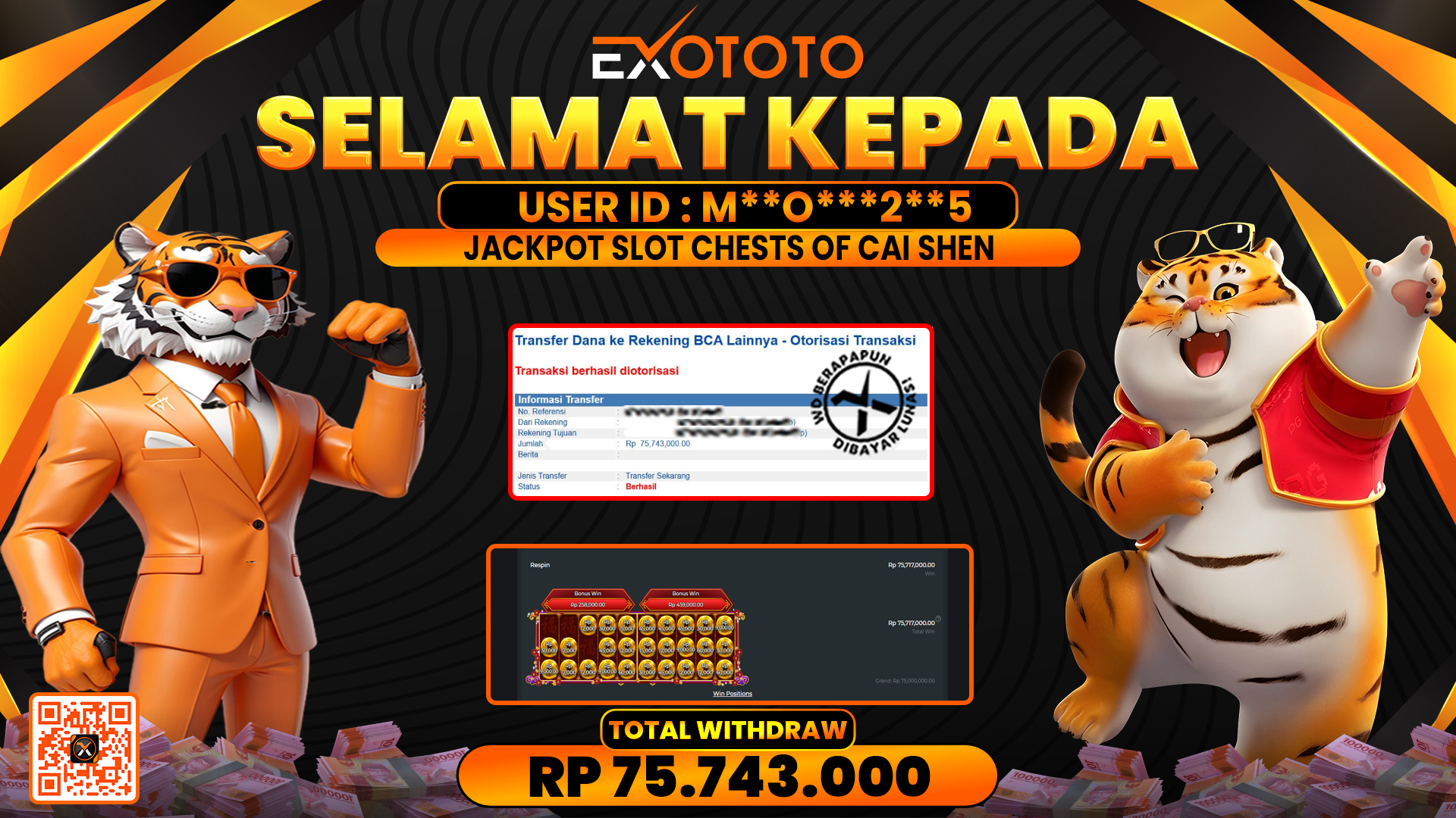 EXOTOTO JACKPOT DI SLOT CHESTS OF CAI SHEN RP. 75.743.000,- LUNAS