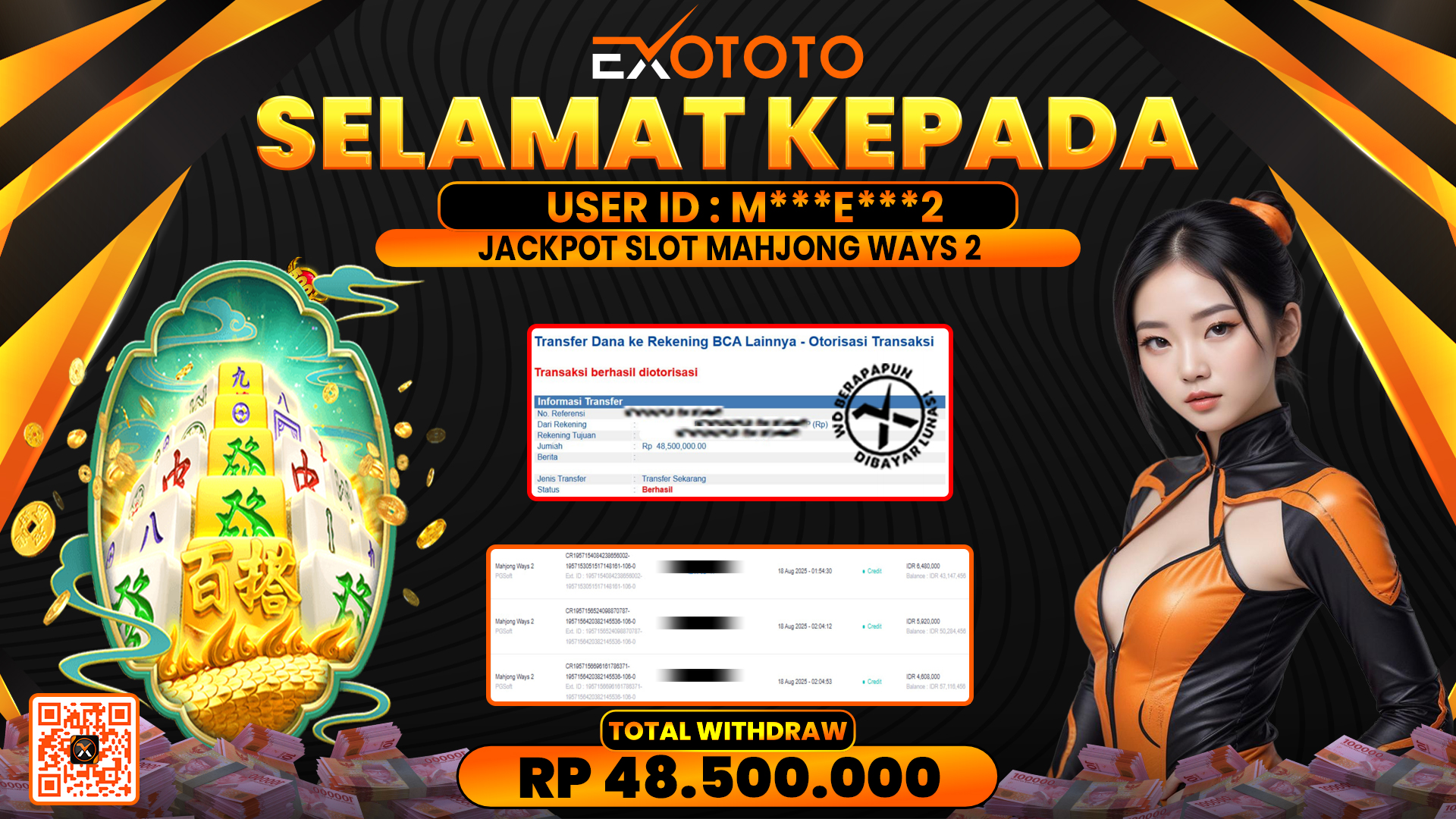 EXOTOTO JACKPOT DI SLOT MAHJONG WAYS 2 RP. 48.500.000,- LUNAS