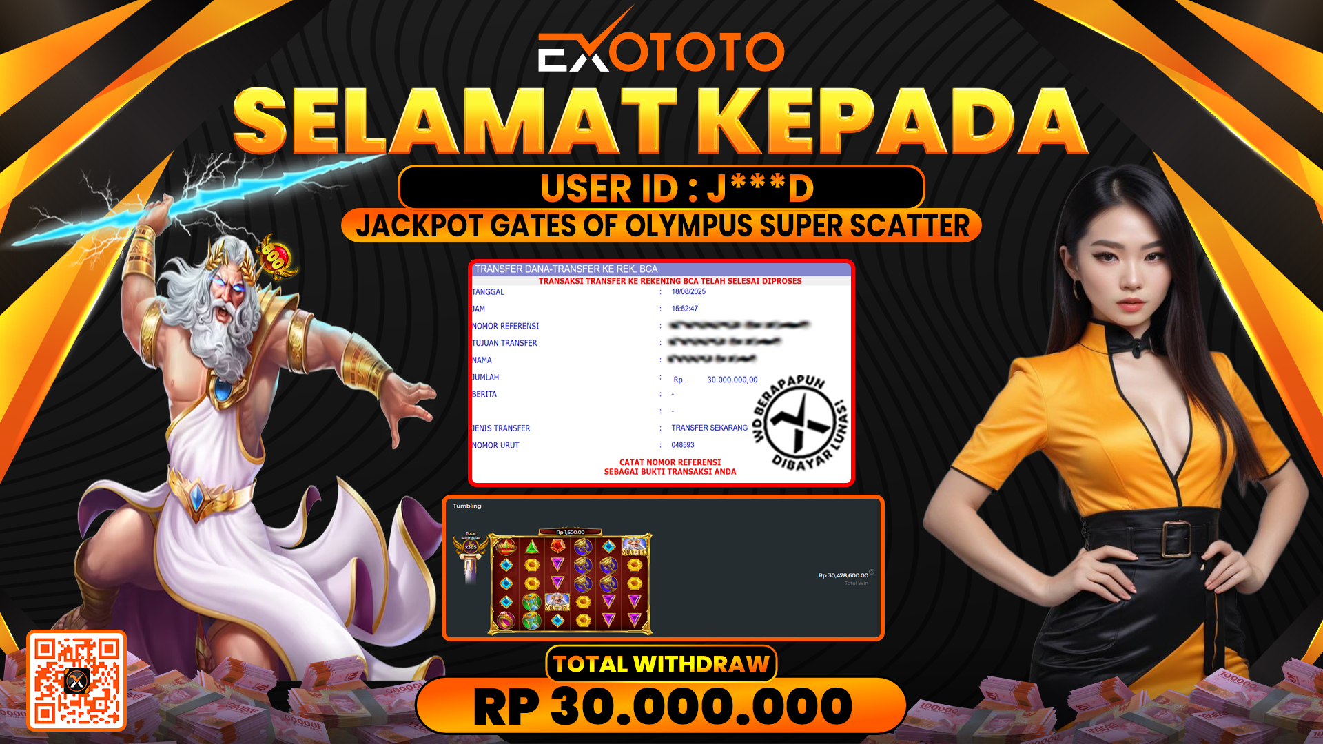 EXOTOTO JACKPOT DI SLOT GATES OF OLYMPUS SUPER SCATTER RP. 30.000.000,- LUNAS