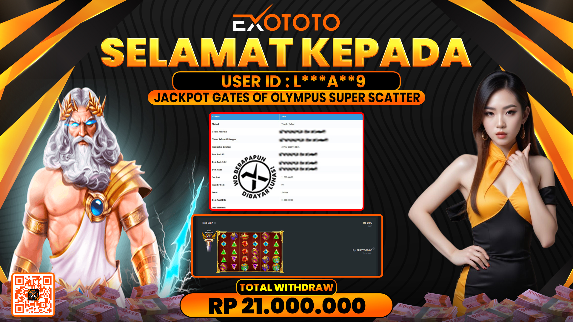 EXOTOTO JACKPOT DI SLOT GATES OF OLYMPUS SUPER SCATTER RP. 21.000.000,- LUNAS