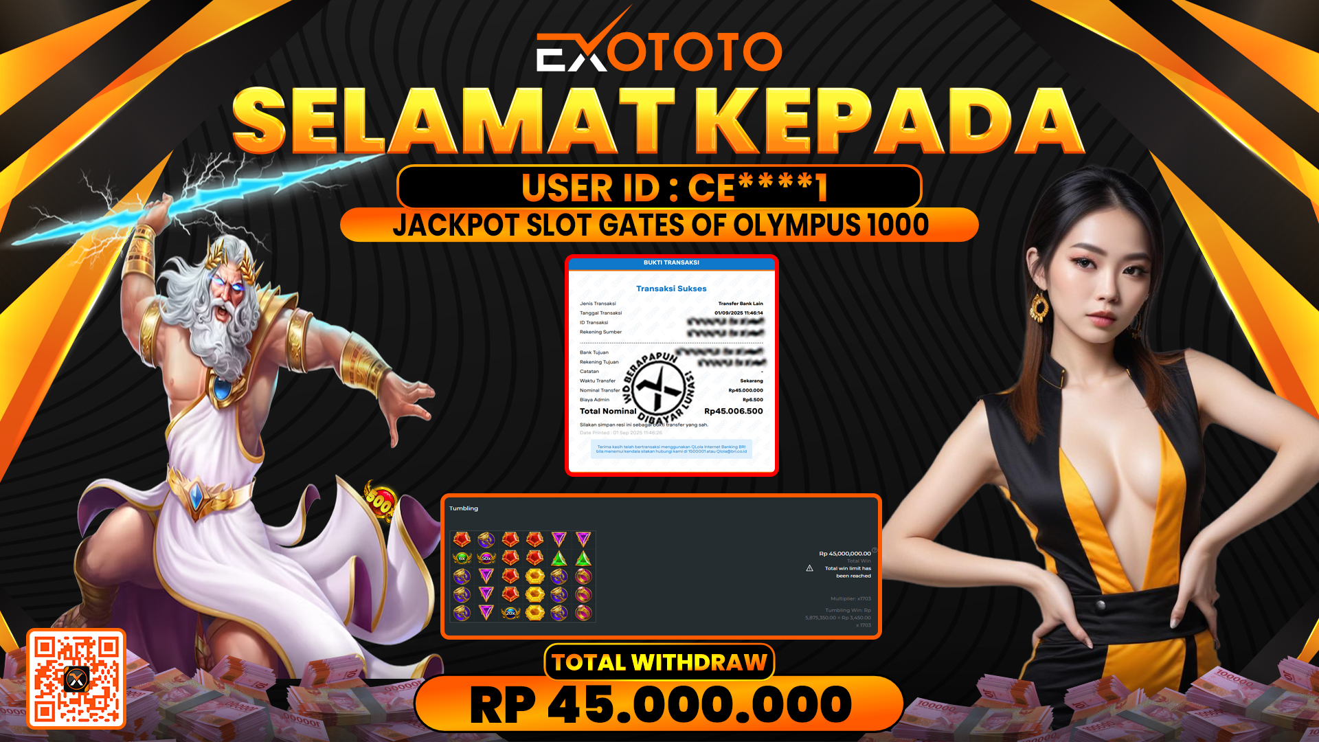 EXOTOTO JACKPOT DI SLOT GATES OF OLYMPUS 1000 RP. 45.000.000,- LUNAS
