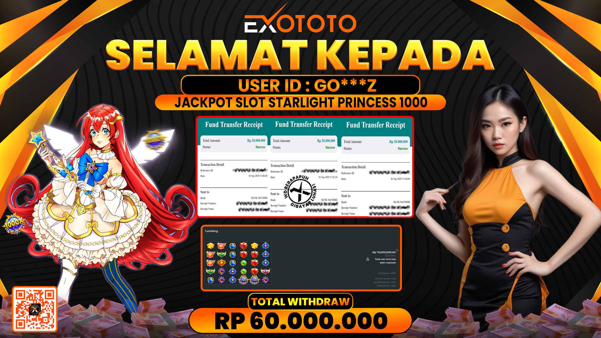 EXOTOTO JACKPOT DI SLOT STARLIGHT PRINCESS 1000 RP. 60.000.000,- LUNAS