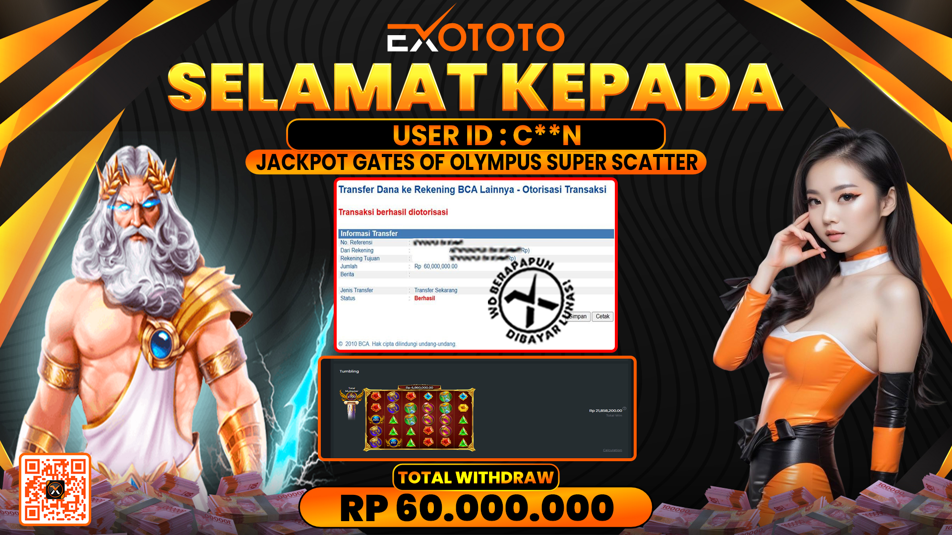 EXOTOTO JACKPOT DI SLOT GATES OF OLYMPUS SUPER SCATTER RP. 60.000.000,- LUNAS