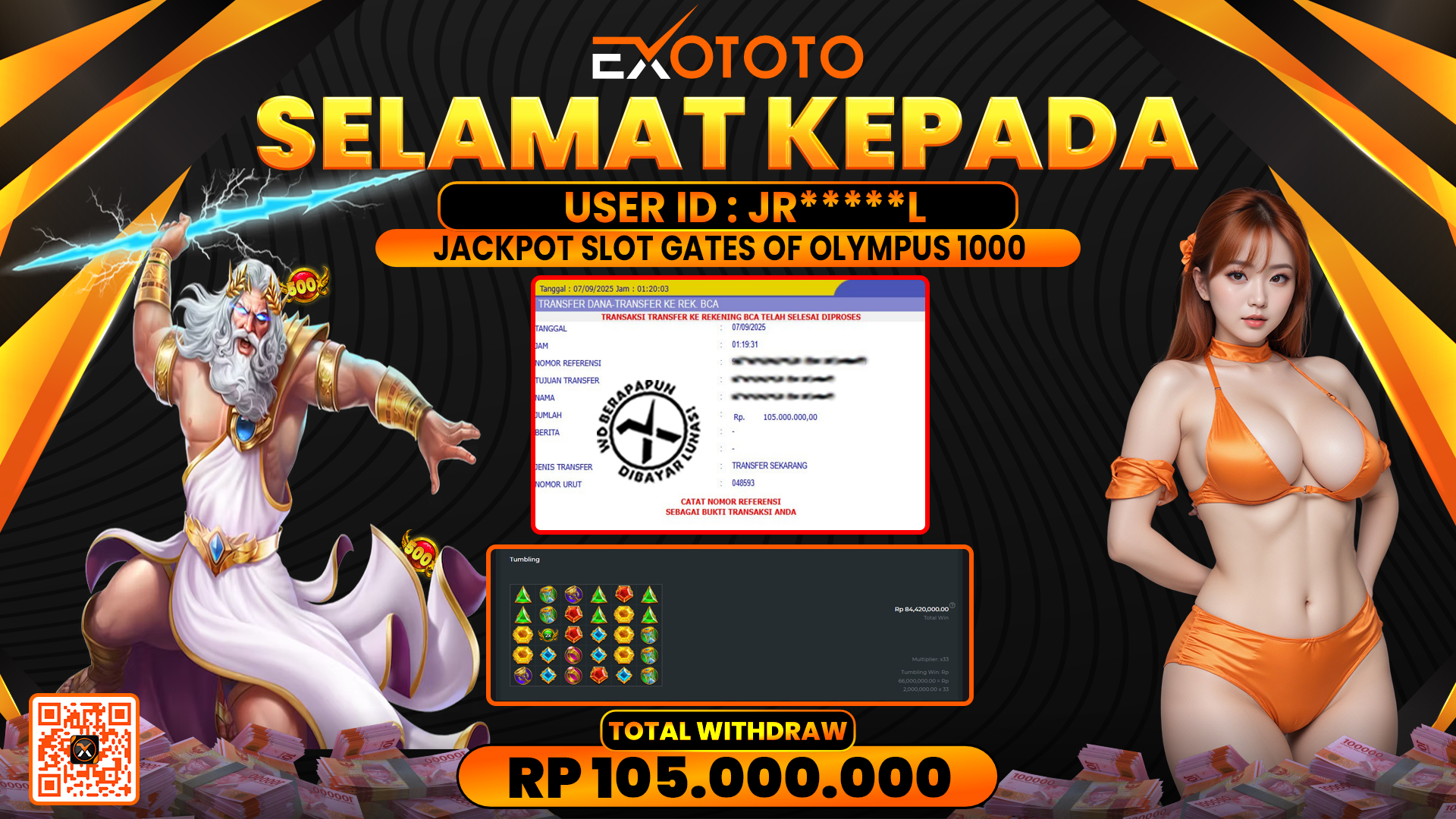 EXOTOTO JACKPOT DI SLOT GATES OF OLYMPUS 1000 RP. 105.000.000,- LUNAS