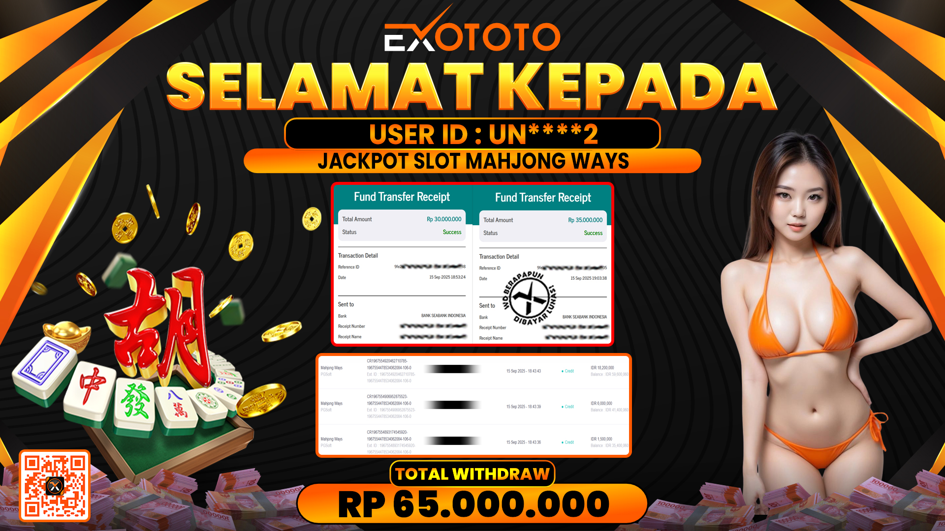 EXOTOTO JACKPOT DI SLOT MAHJONG WAYS RP. 65.000.000,- LUNAS