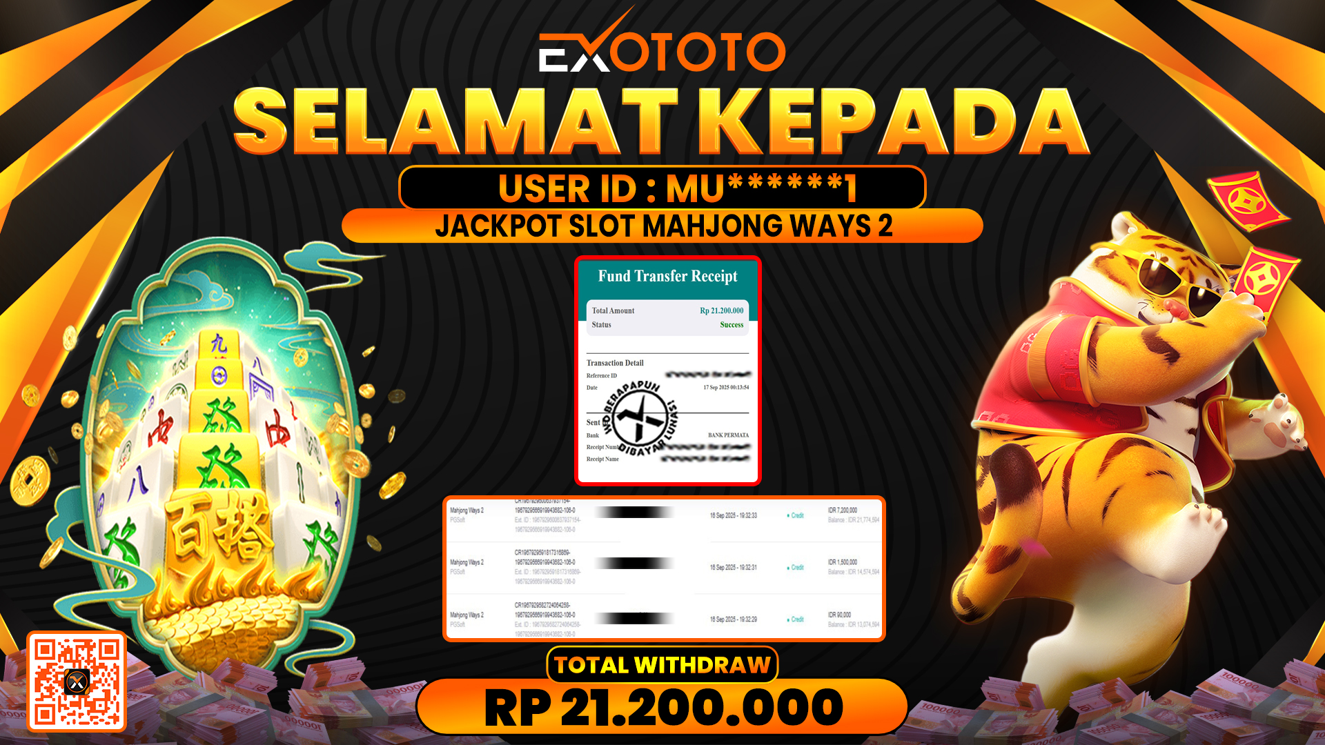 EXOTOTO JACKPOT DI SLOT MAHJONG WAYS 2 RP. 21.200.000,- LUNAS
