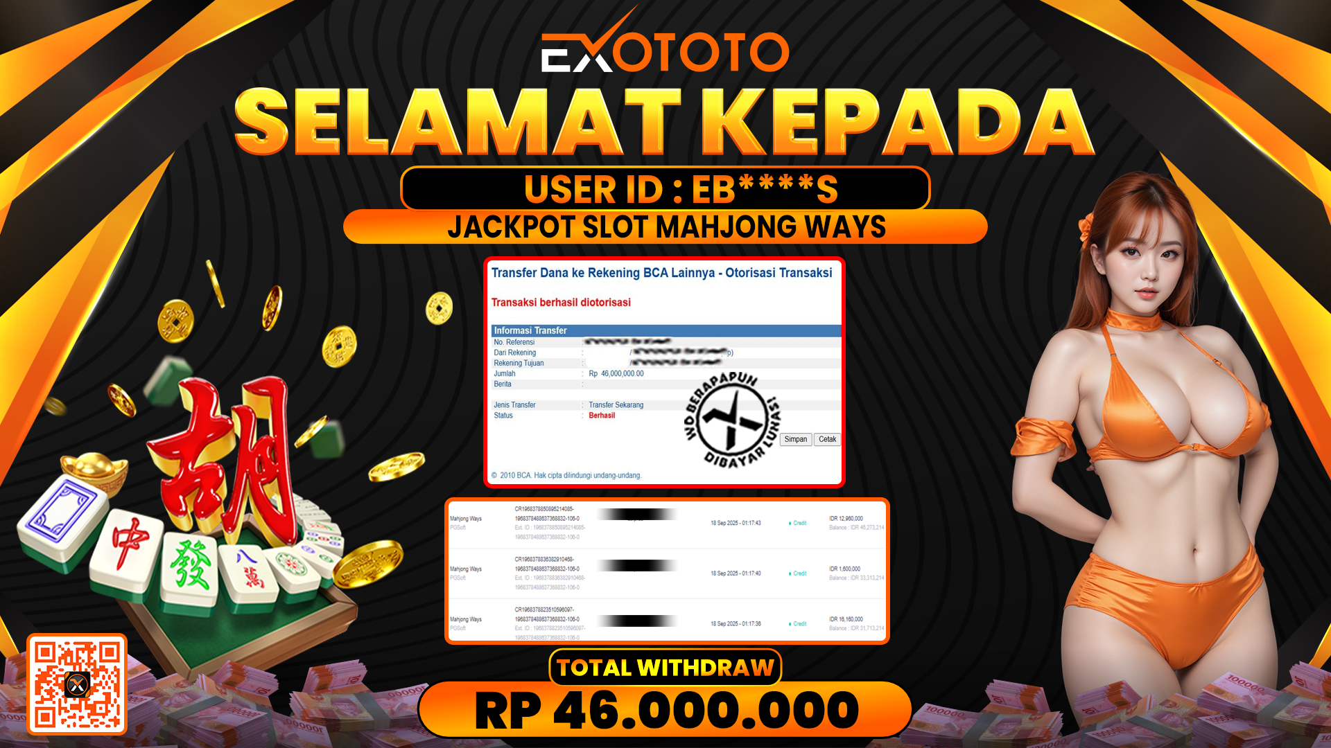 EXOTOTO JACKPOT DI SLOT MAHJONG WAYS RP. 46.000.000,- LUNAS
