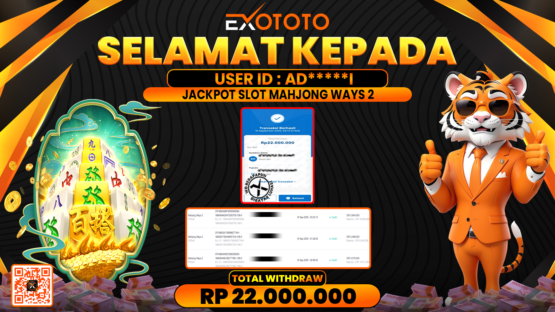 EXOTOTO JACKPOT DI SLOT MAHJONG WAYS 2 RP. 22.000.000,- LUNAS