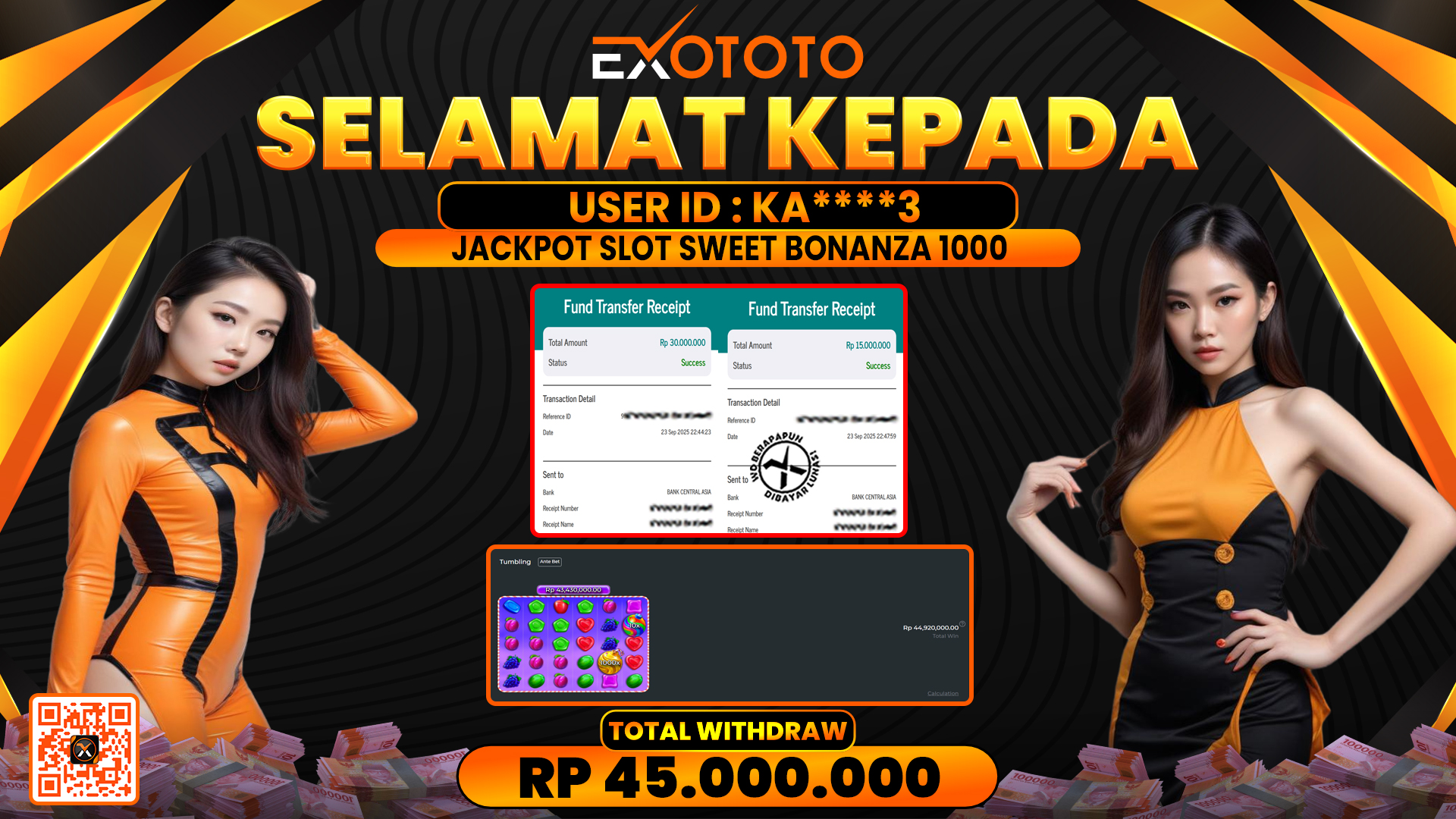 EXOTOTO JACKPOT DI SLOT SWEET BONANZA 1000 RP. 45.000.000,- LUNAS