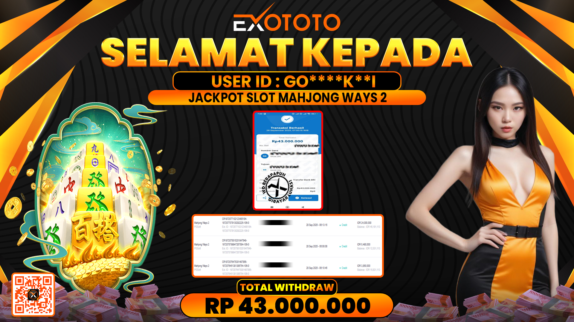 EXOTOTO JACKPOT DI SLOT MAHJONG WAYS 2 RP. 43.000.000,- LUNAS
