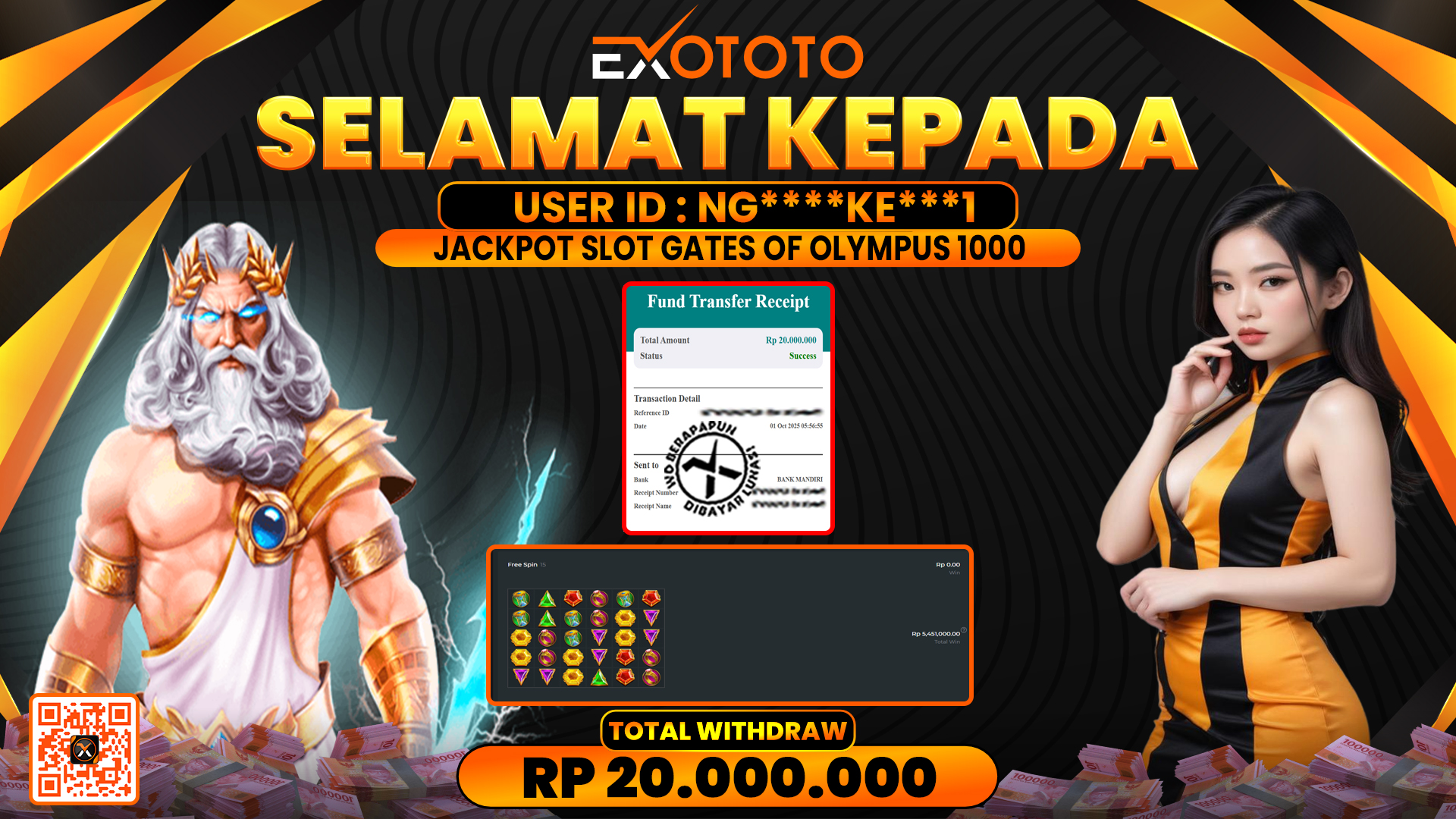 EXOTOTO JACKPOT DI SLOT GATES OF OLYMPUS 1000 RP. 20.000.000,- LUNAS