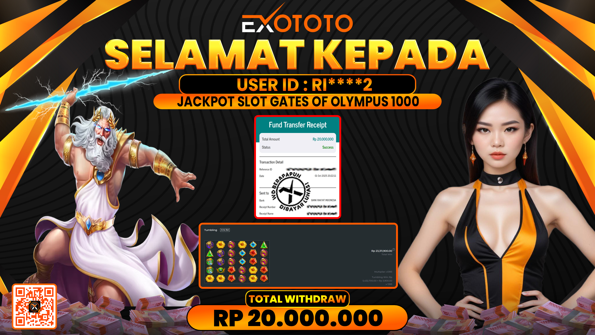 EXOTOTO JACKPOT DI SLOT GATES OF OLYMPUS 1000 RP. 20.000.000,- LUNAS