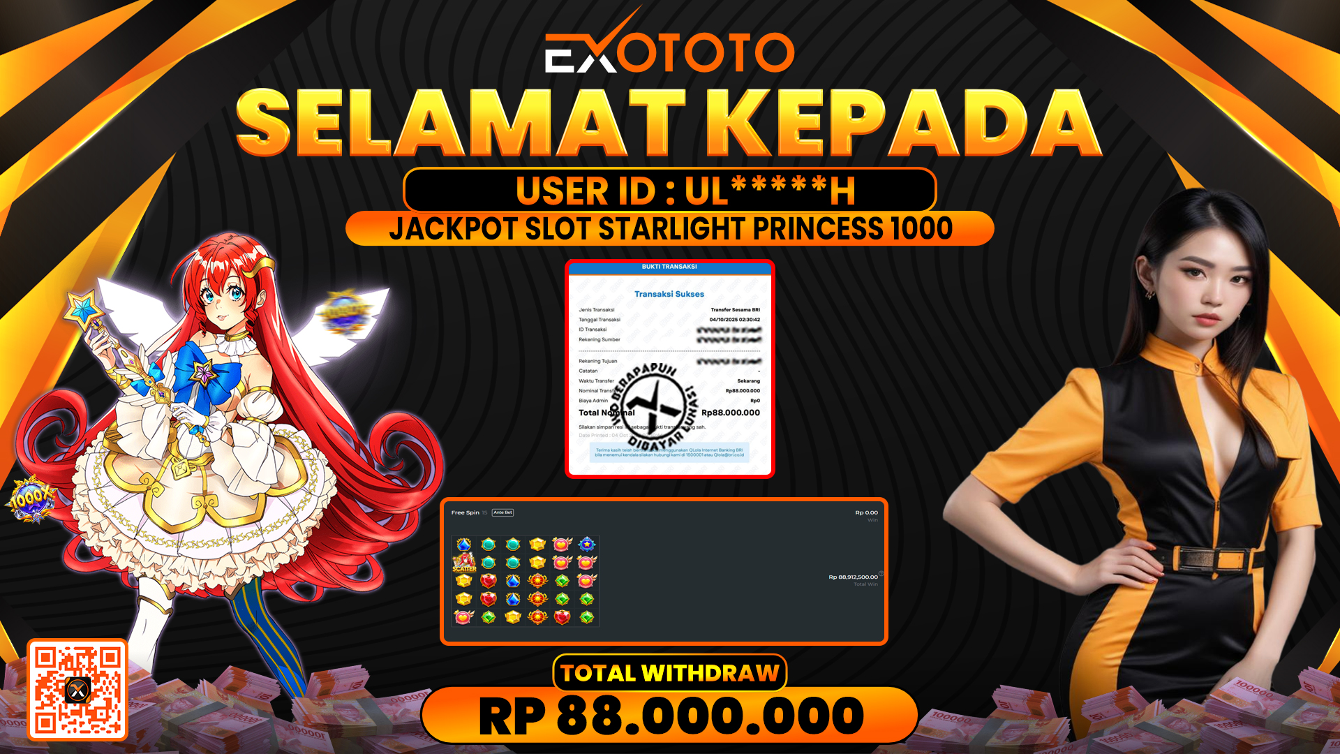 EXOTOTO JACKPOT DI SLOT STARLIGHT PRINCESS 1000 RP. 88.000.000,- LUNAS
