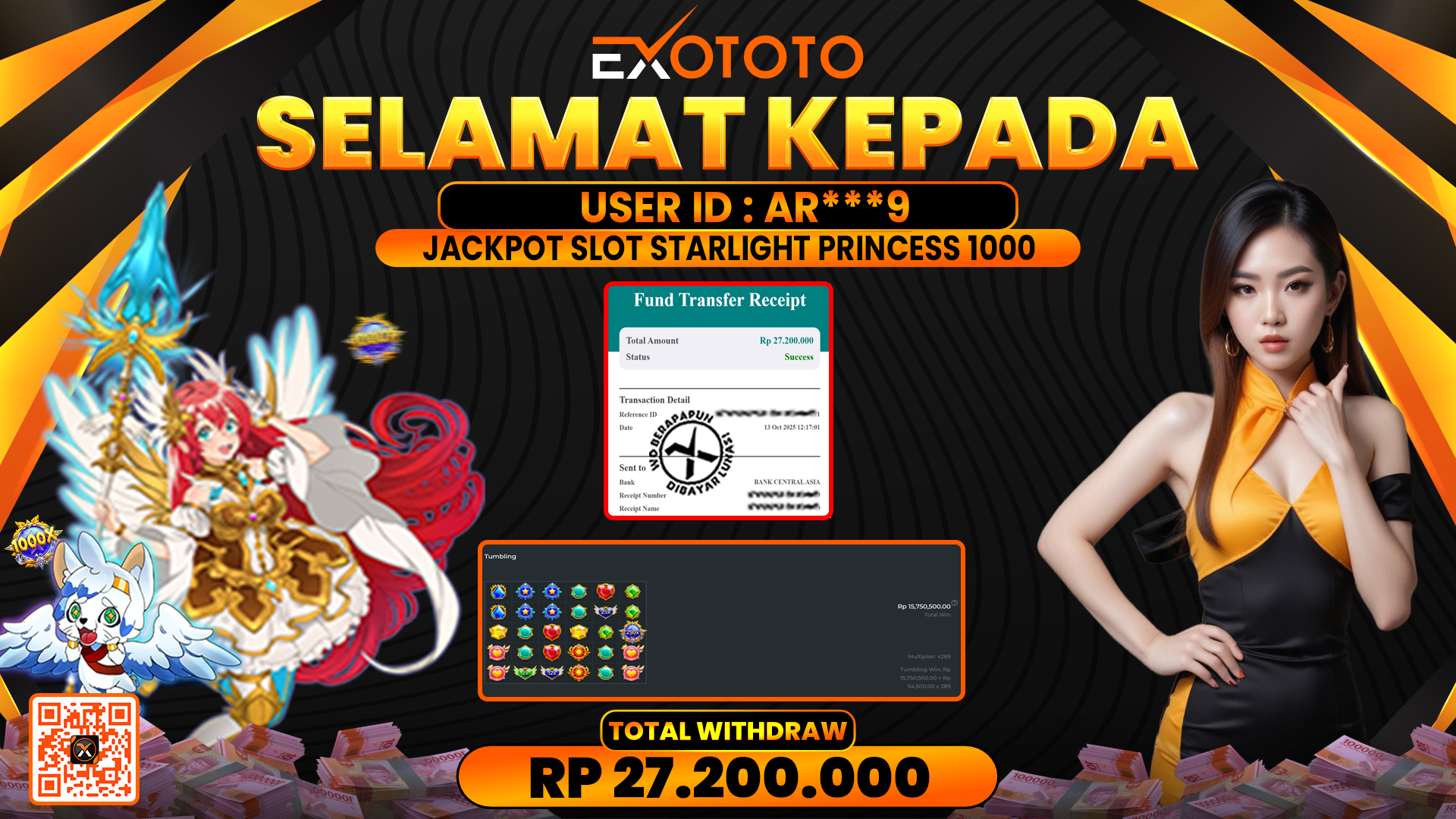 EXOTOTO JACKPOT DI SLOT STARLIGHT PRINCESS 1000 RP. 27.200.000,- LUNAS