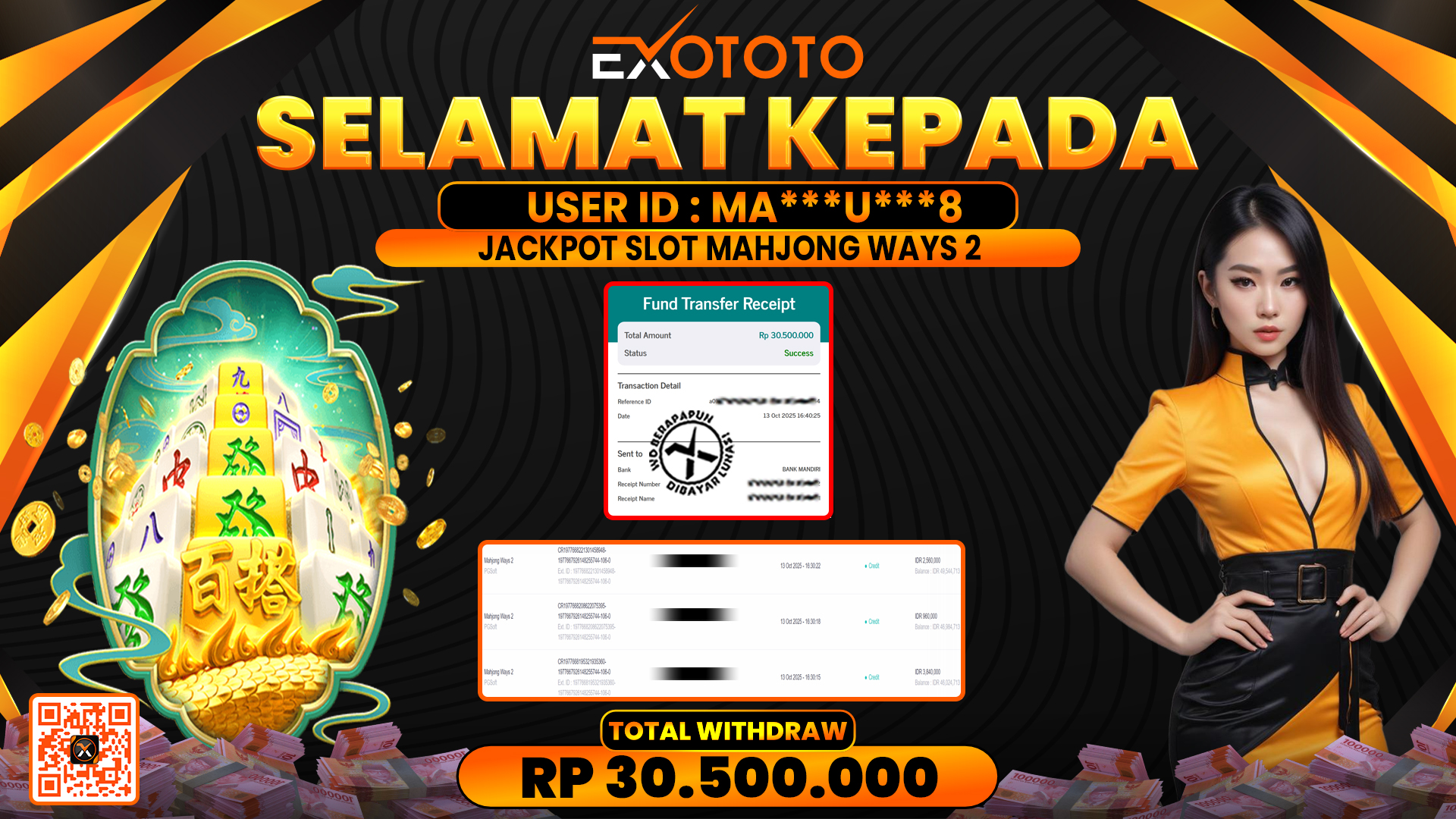 EXOTOTO JACKPOT DI SLOT MAHJONG WAYS 2 RP. 30.500.000,- LUNAS