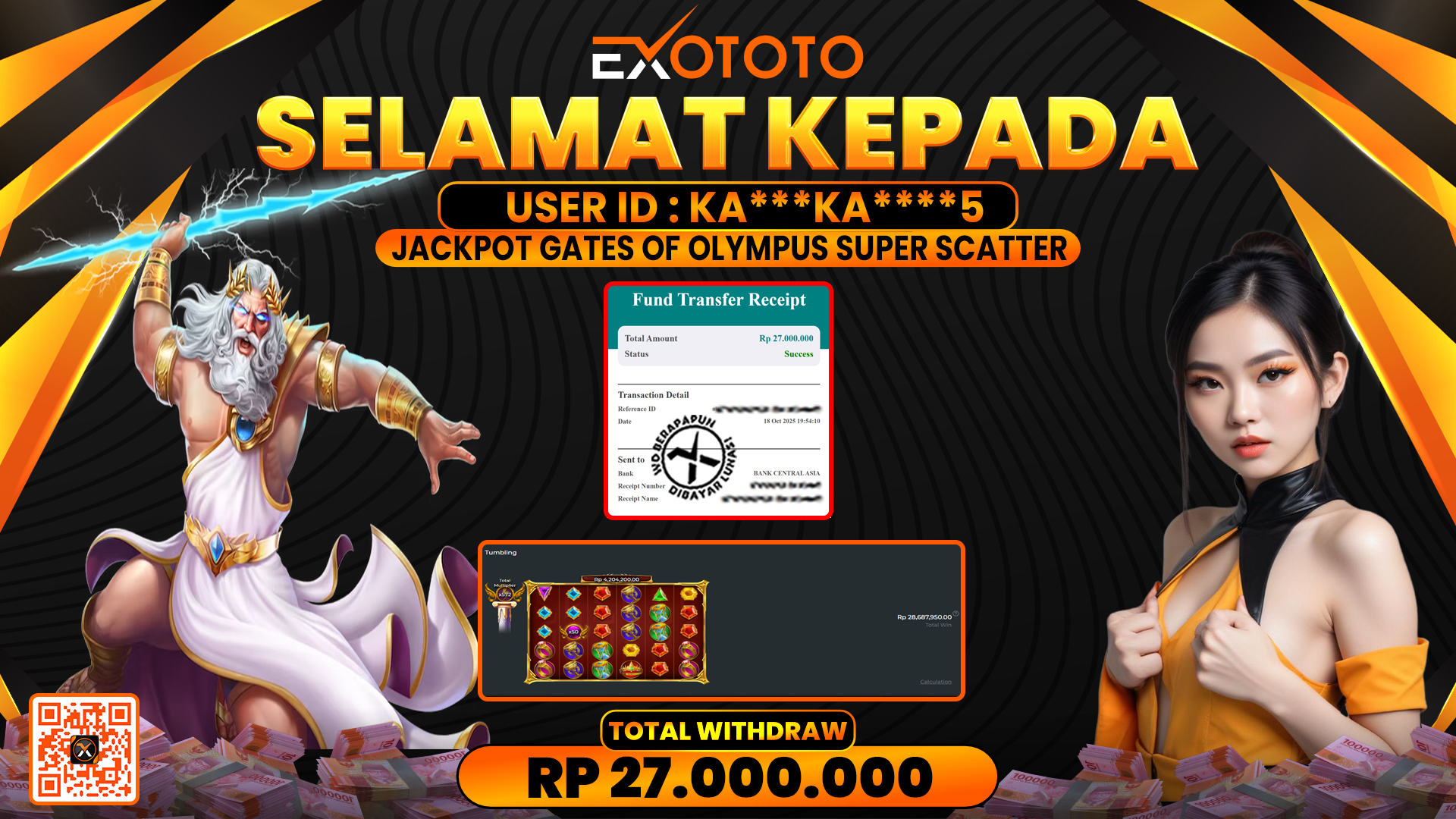 EXOTOTO JACKPOT DI SLOT GATES OF OLYMPUS SUPER SCATTER RP. 27.000.000,- LUNAS