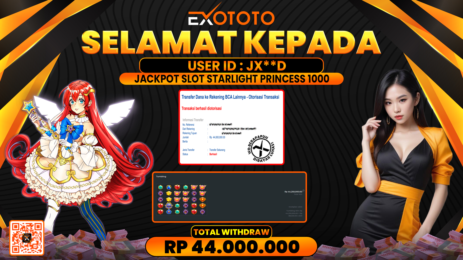 EXOTOTO JACKPOT DI SLOT STARLIGHT PRINCESS 1000 RP. 44.000.000,- LUNAS